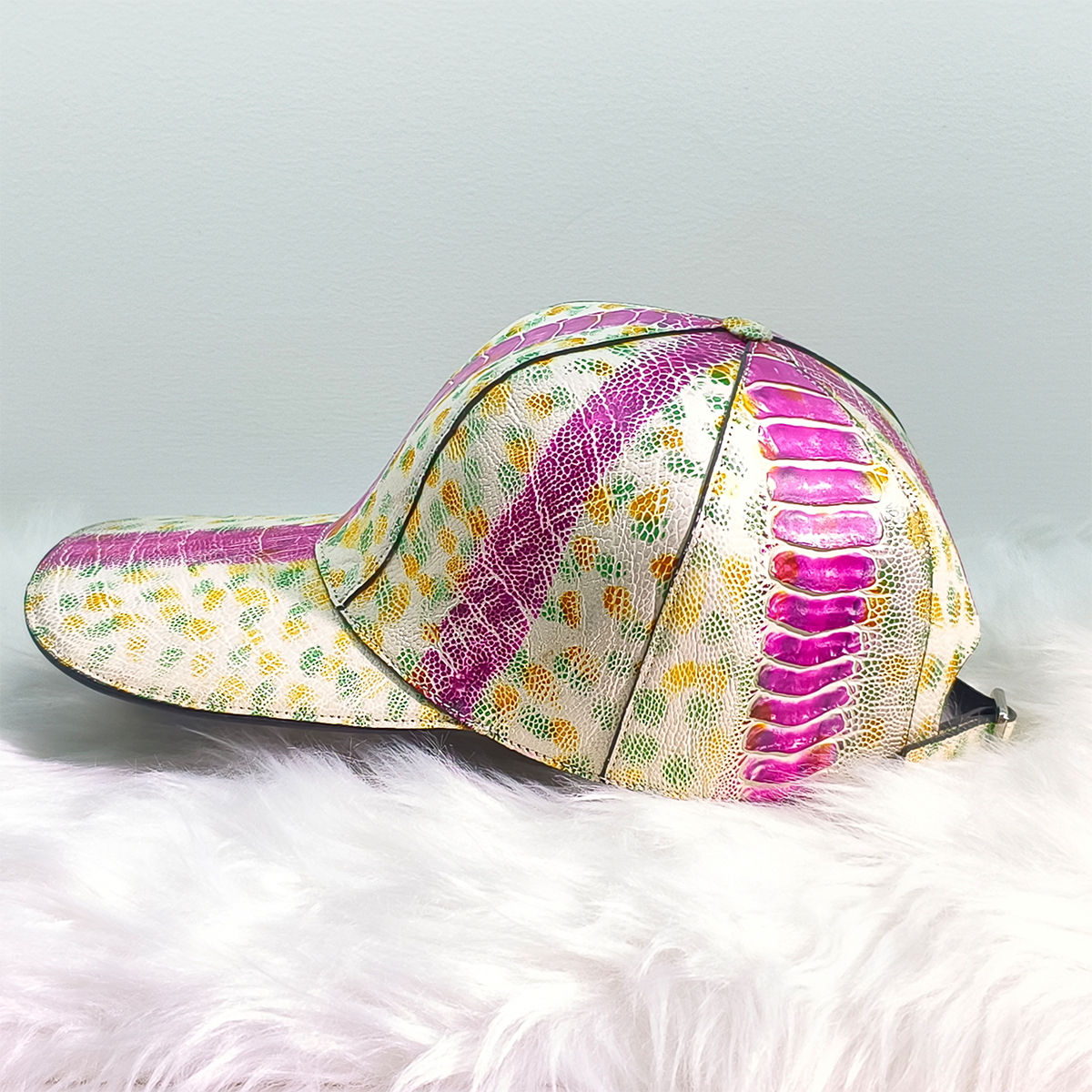 Handmade Genuine Ostrich Leather Cap, Vibrant Multi-Color Adjustable Design