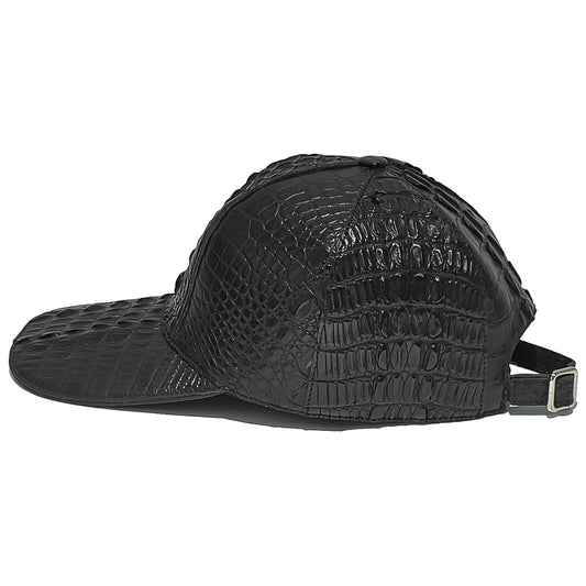 Handmade Genuine Alligator Leather Cap, Glossy Black Adjustable Design