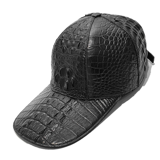 Handmade Genuine Alligator Leather Cap, Glossy Black Adjustable Design