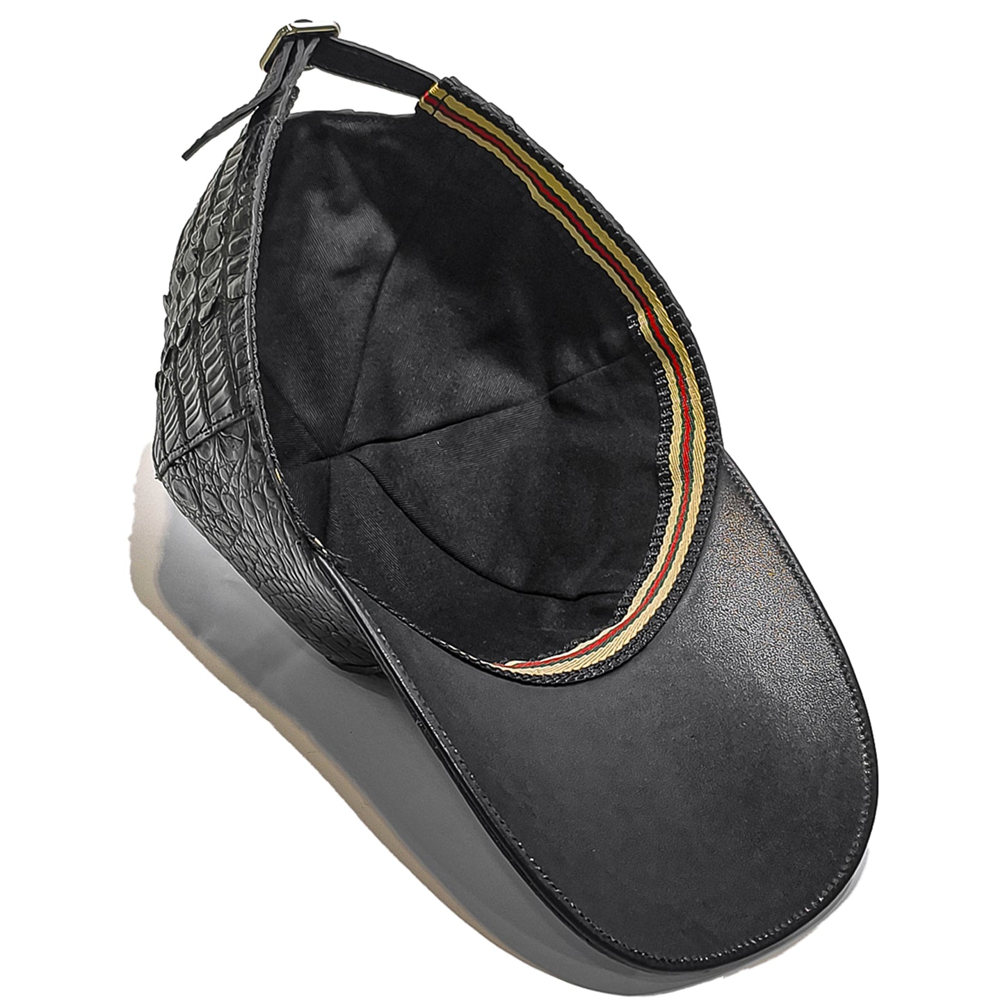 Handmade Genuine Alligator Leather Cap, Glossy Black Adjustable Design