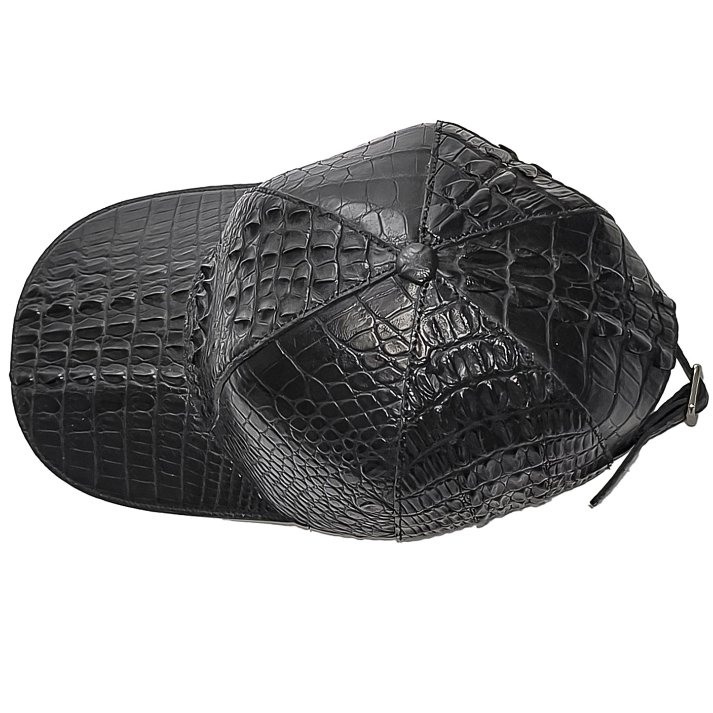 Handmade Genuine Alligator Leather Cap, Glossy Black Adjustable Design