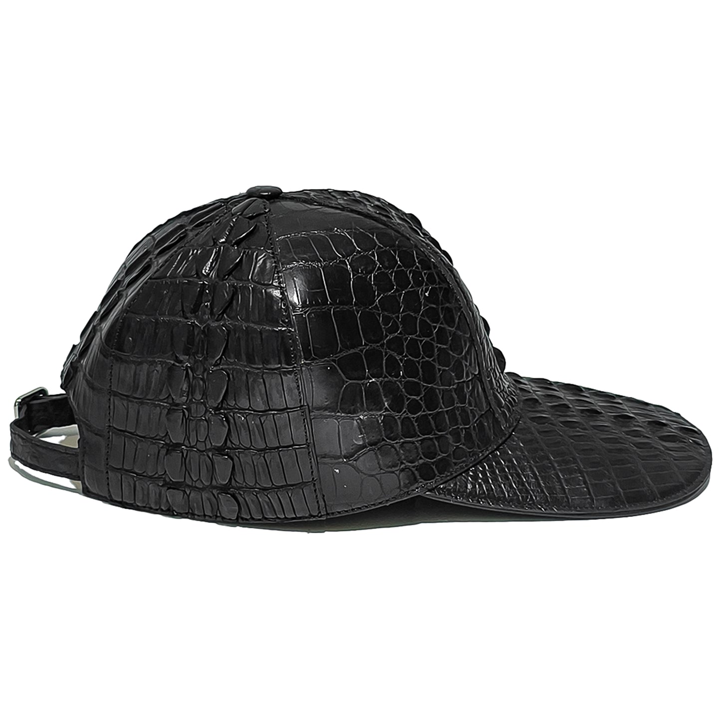 Handmade Genuine Alligator Leather Cap, Glossy Black Adjustable Design