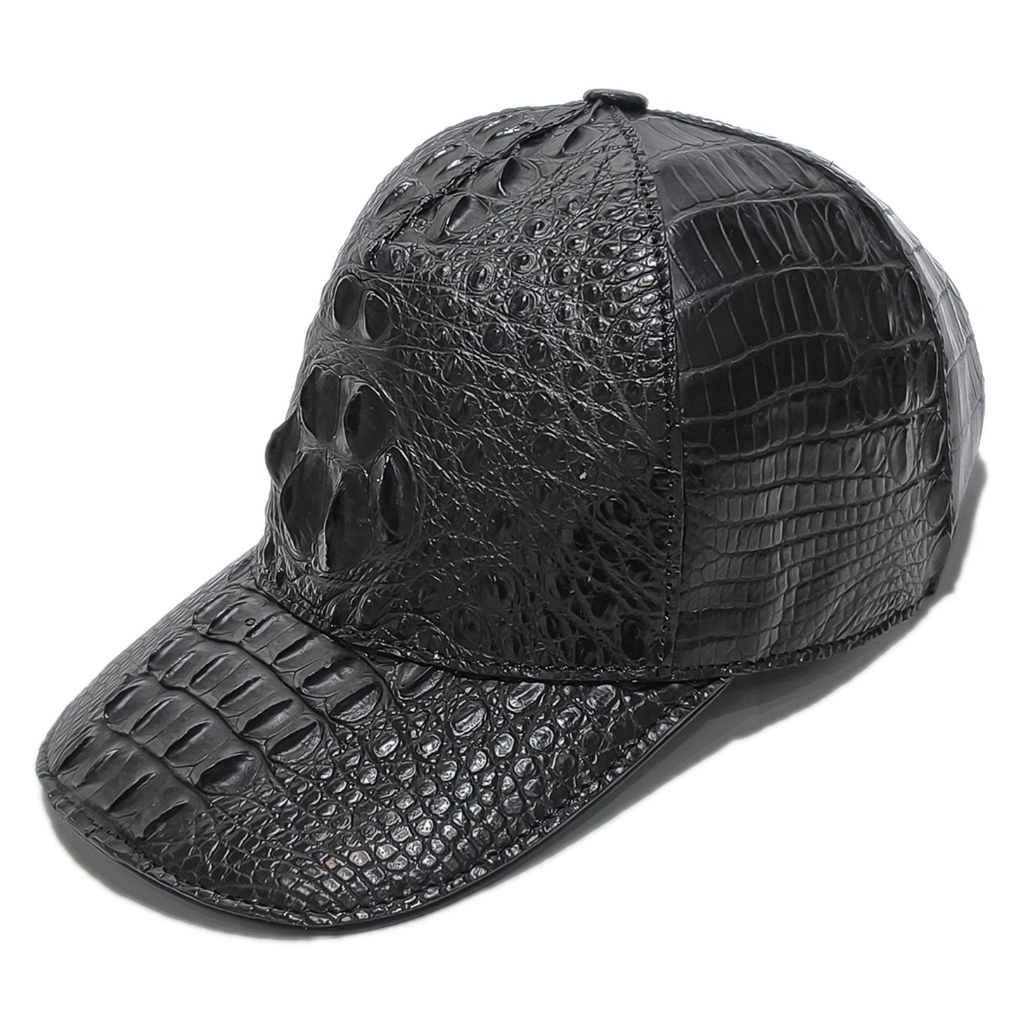 Handmade Genuine Alligator Bone Leather Cap, Glossy Black Adjustable Design