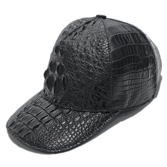 Handmade Genuine Alligator Bone Leather Cap, Glossy Black Adjustable Design
