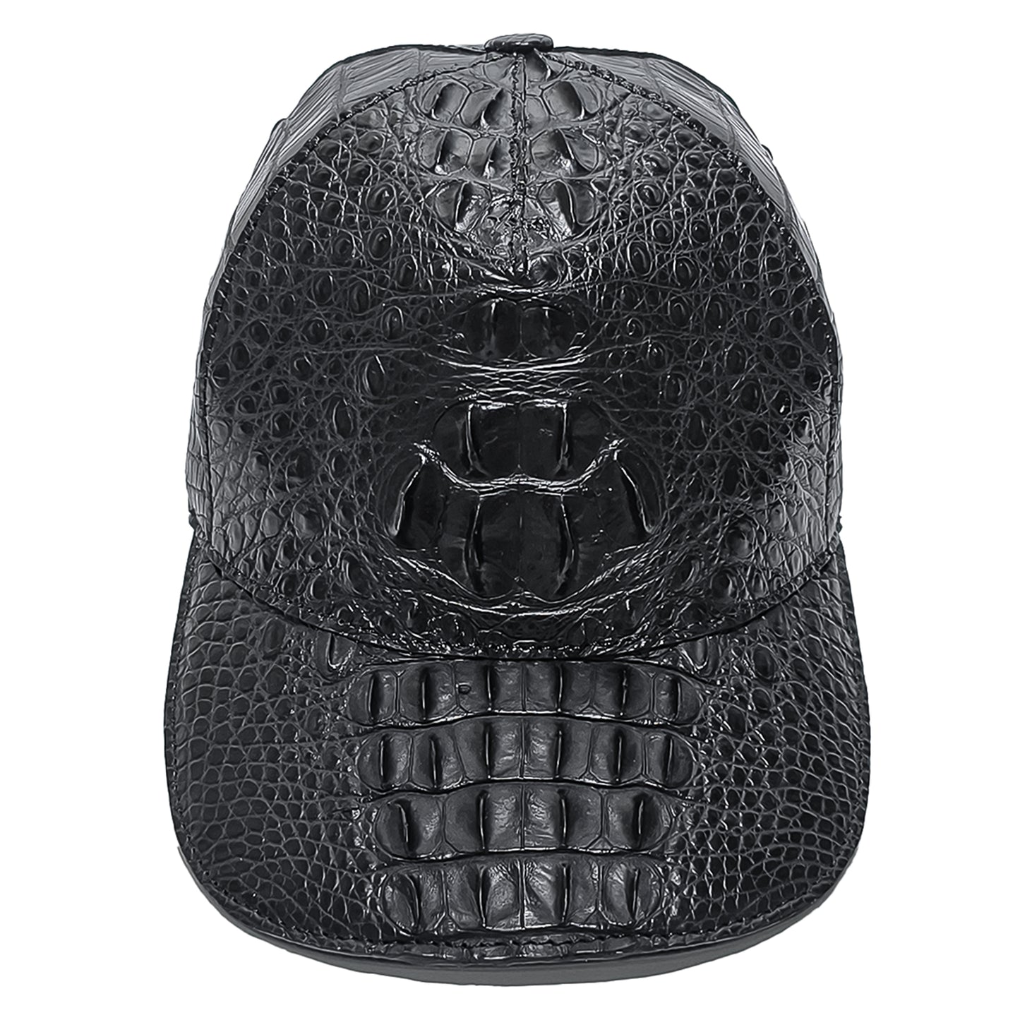 Handmade Genuine Alligator Bone Leather Cap, Glossy Black Adjustable Design