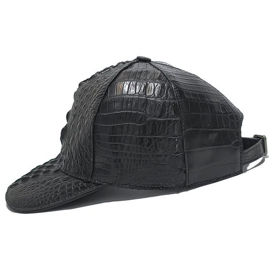 Handmade Genuine Alligator Bone Leather Cap, Glossy Black Adjustable Design