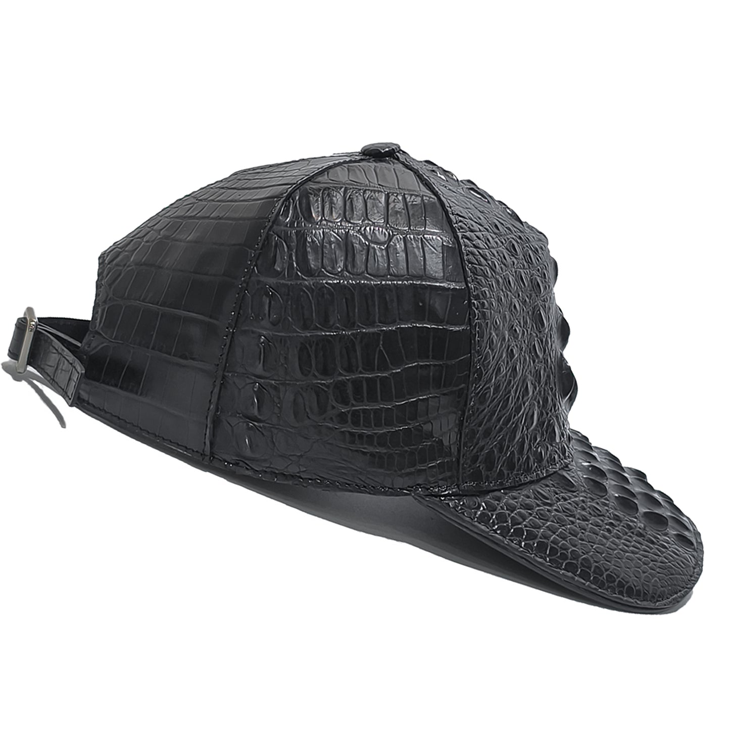 Handmade Genuine Alligator Bone Leather Cap, Glossy Black Adjustable Design