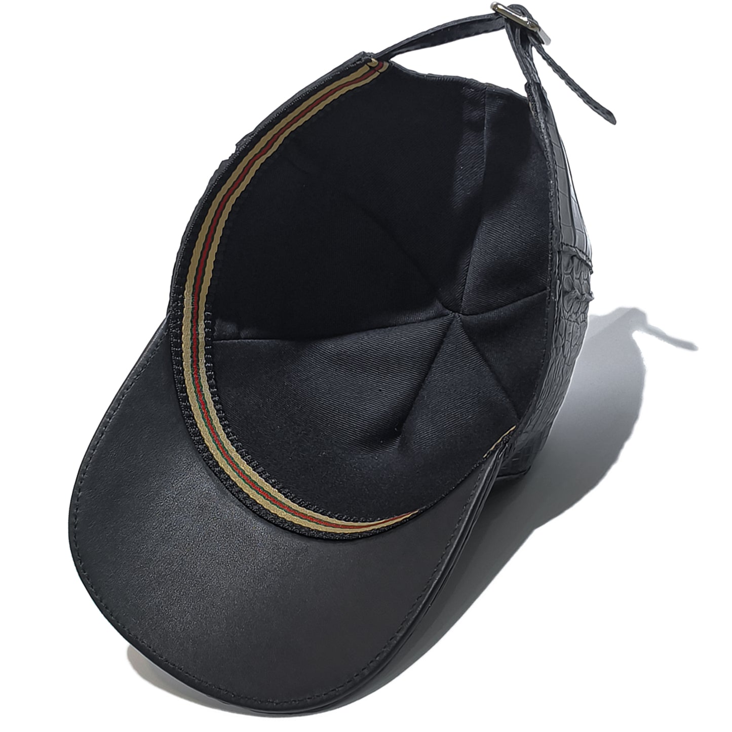 Handmade Genuine Alligator Bone Leather Cap, Glossy Black Adjustable Design