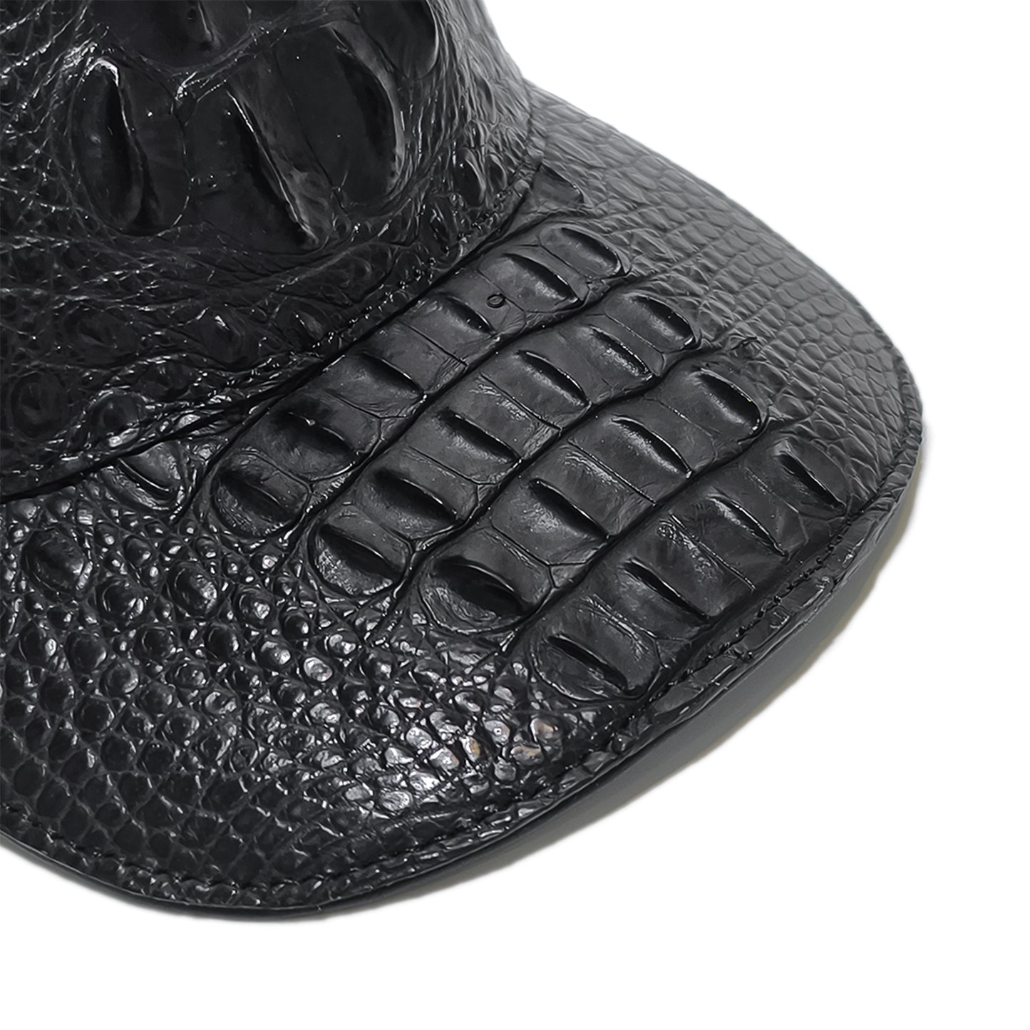 Handmade Genuine Alligator Bone Leather Cap, Glossy Black Adjustable Design