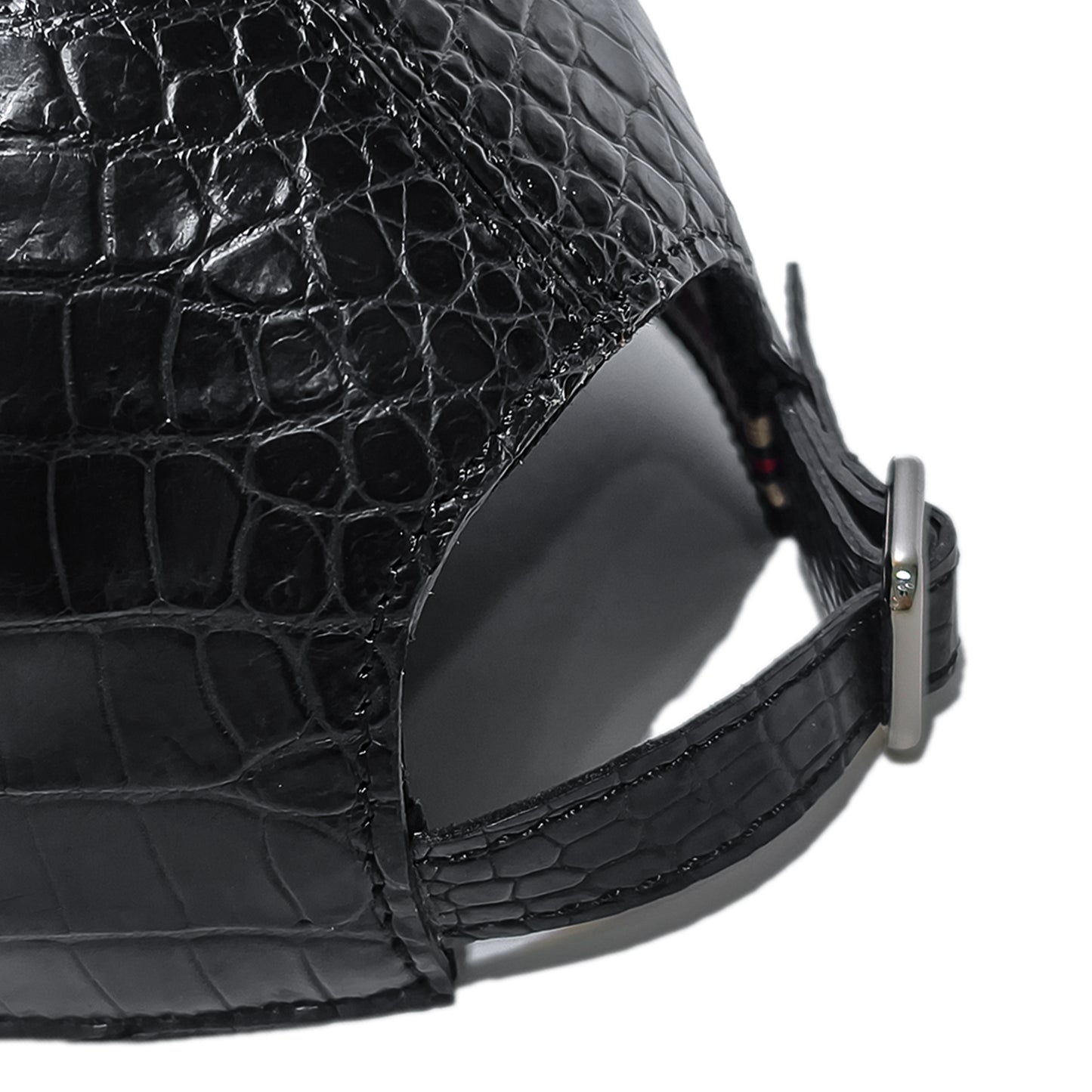 Handmade Genuine Alligator Bone Leather Cap, Glossy Black Adjustable Design