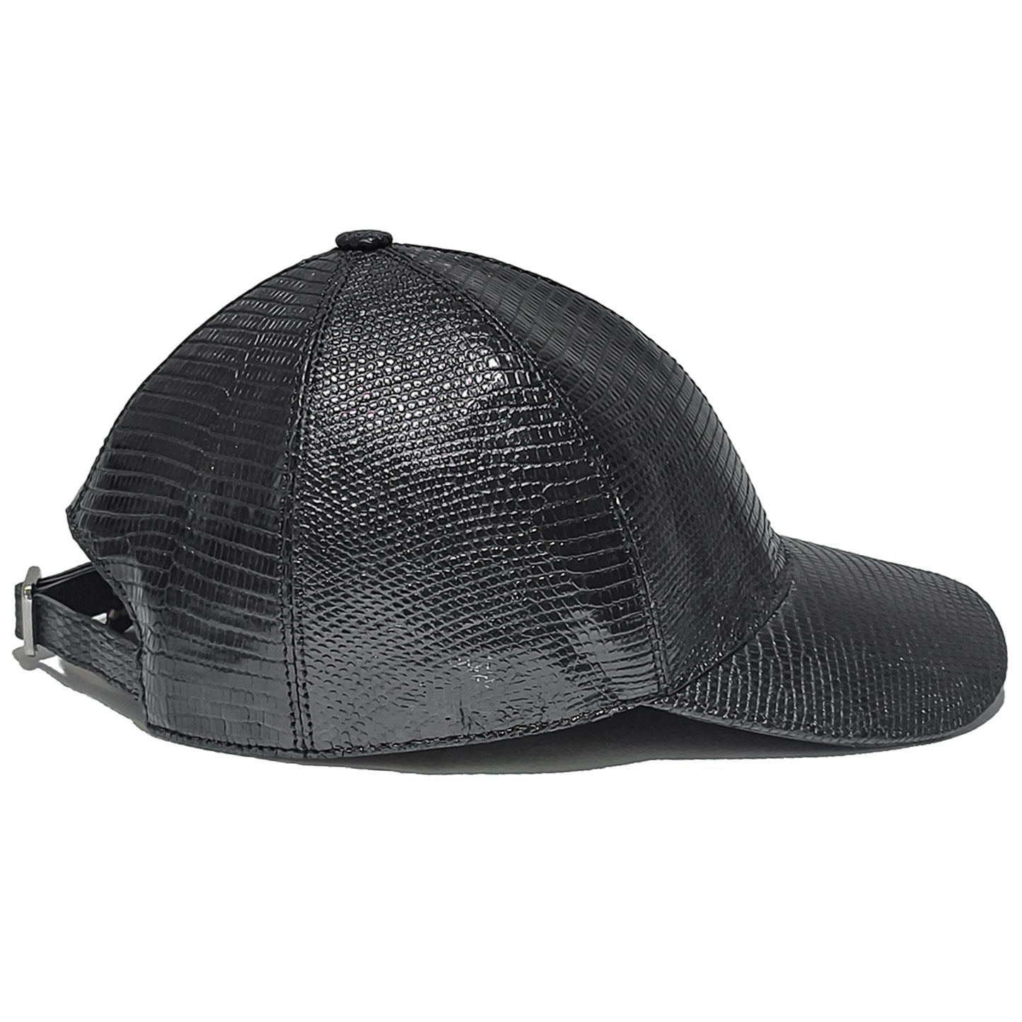 Handmade Genuine Lizard Leather Cap, Glossy Black Adjustable Design