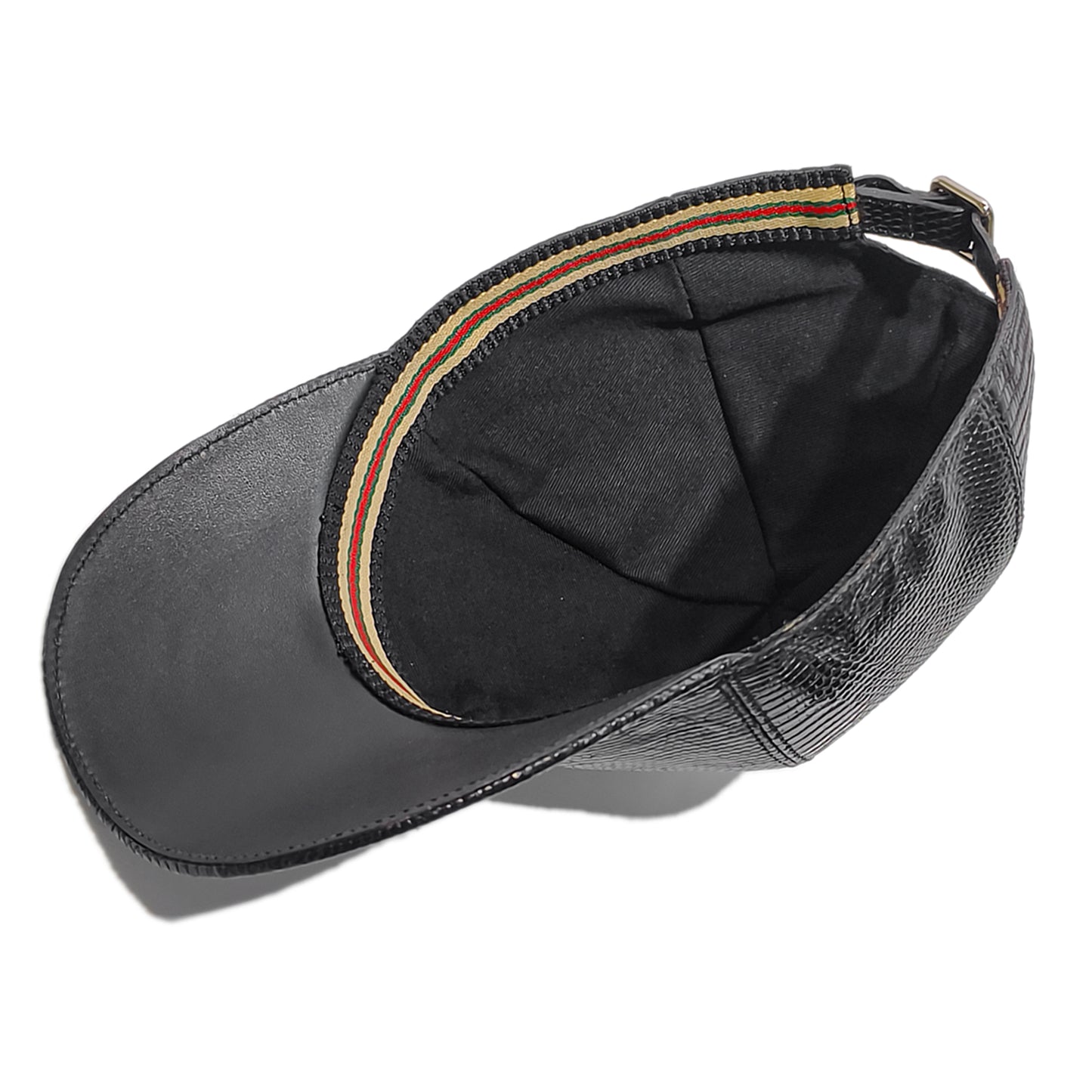 Handmade Genuine Lizard Leather Cap, Glossy Black Adjustable Design