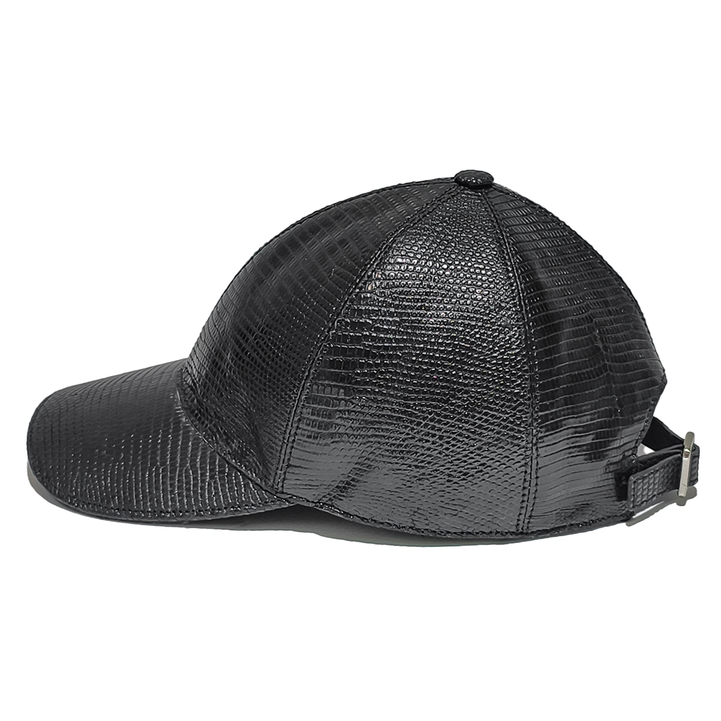 Handmade Genuine Lizard Leather Cap, Glossy Black Adjustable Design