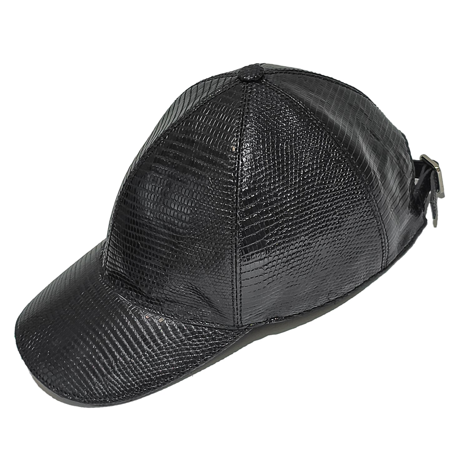 Handmade Genuine Lizard Leather Cap, Glossy Black Adjustable Design