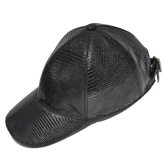 Handmade Genuine Lizard Leather Cap, Glossy Black Adjustable Design