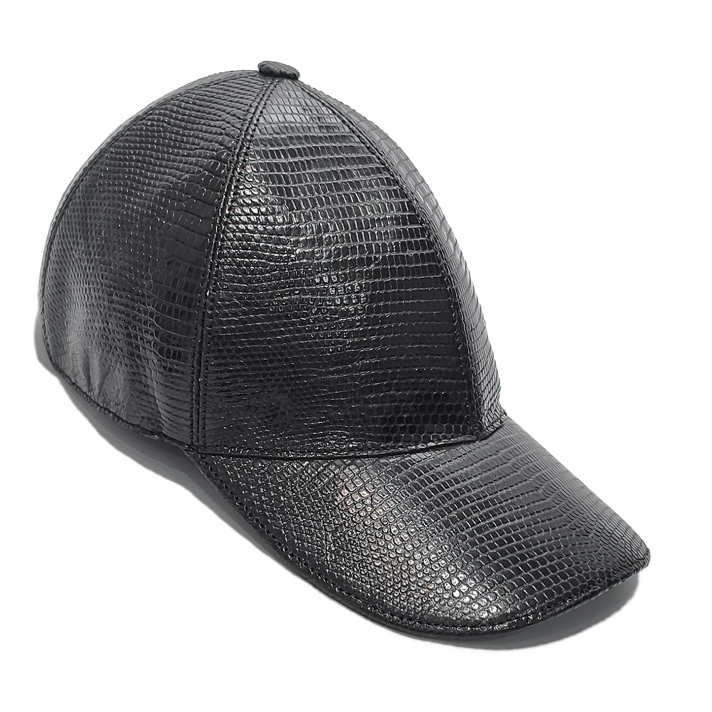 Handmade Genuine Lizard Leather Cap, Glossy Black Adjustable Design
