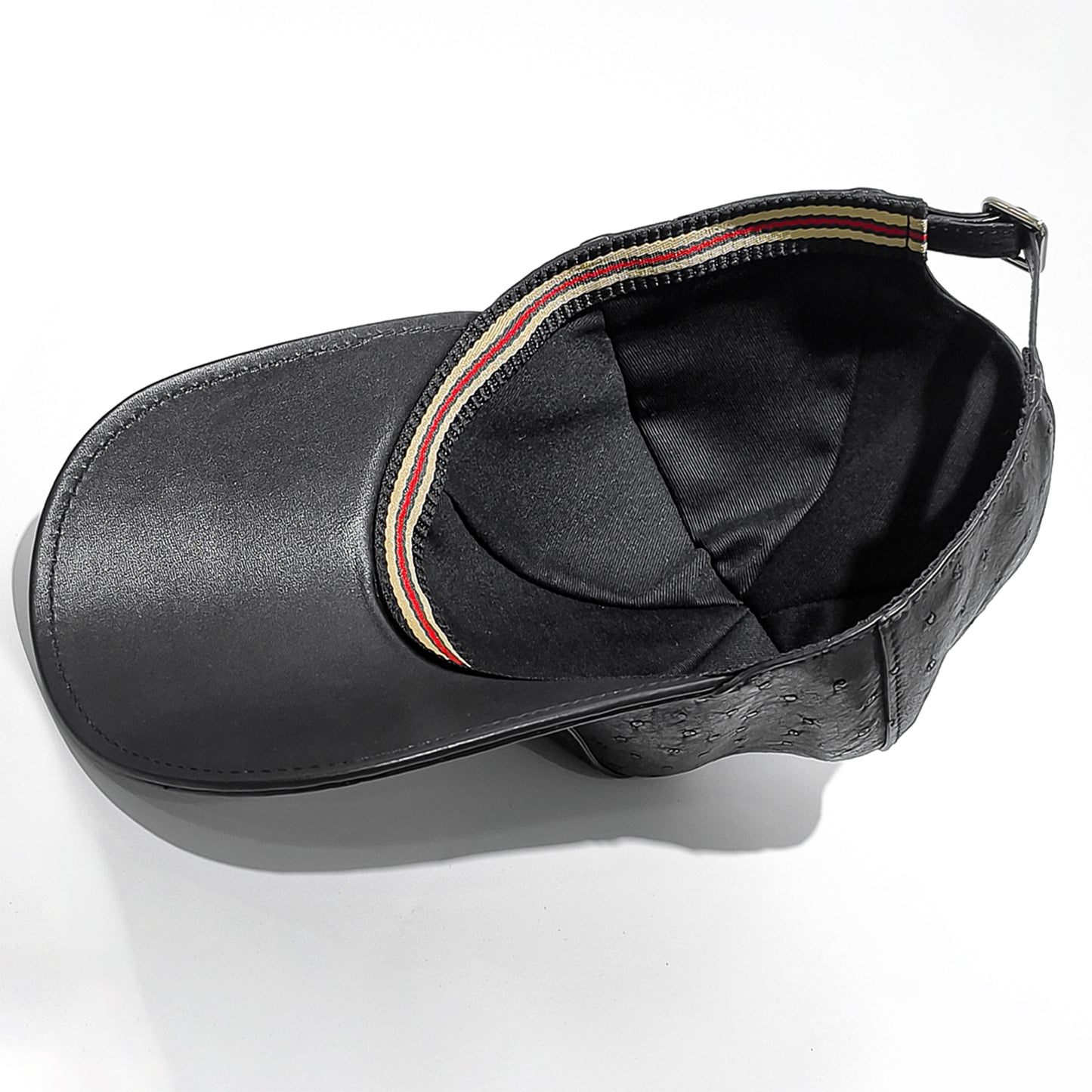 Handmade Genuine Ostrich Leather Cap, Glossy Black Adjustable Design