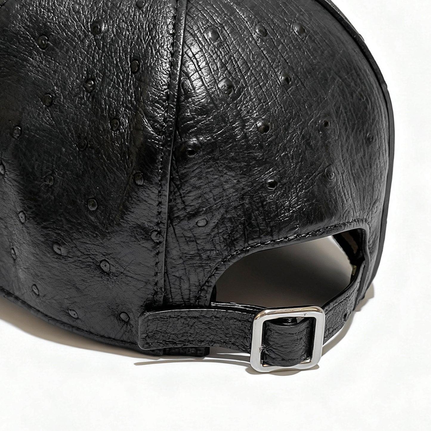 Handmade Genuine Ostrich Leather Cap, Glossy Black Adjustable Design