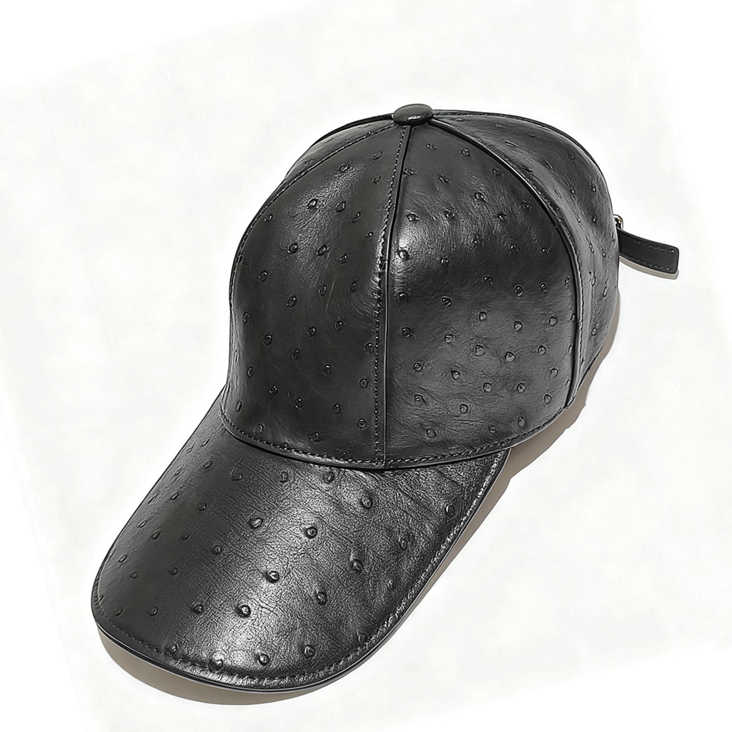 Handmade Genuine Ostrich Leather Cap, Glossy Black Adjustable Design