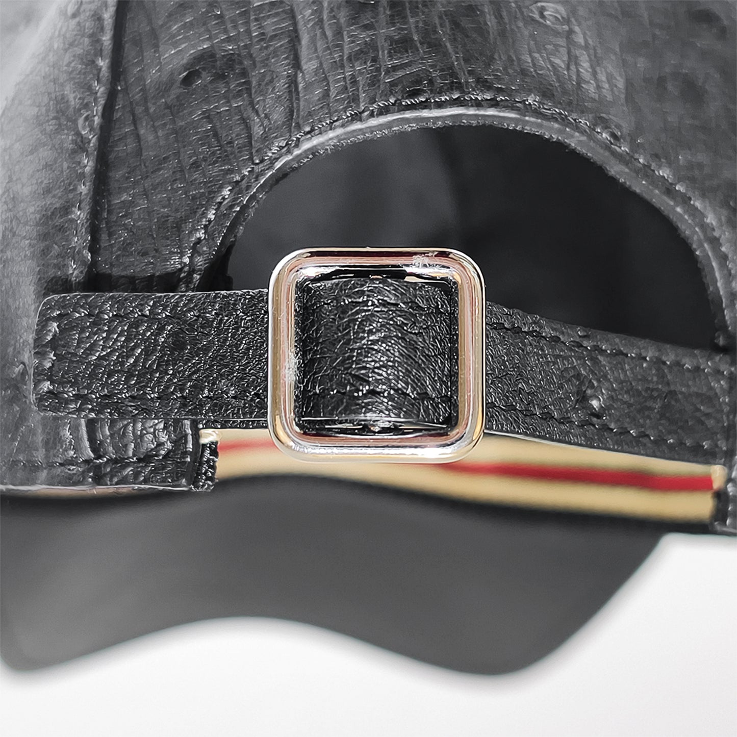 Handmade Genuine Ostrich Leather Cap, Glossy Black Adjustable Design