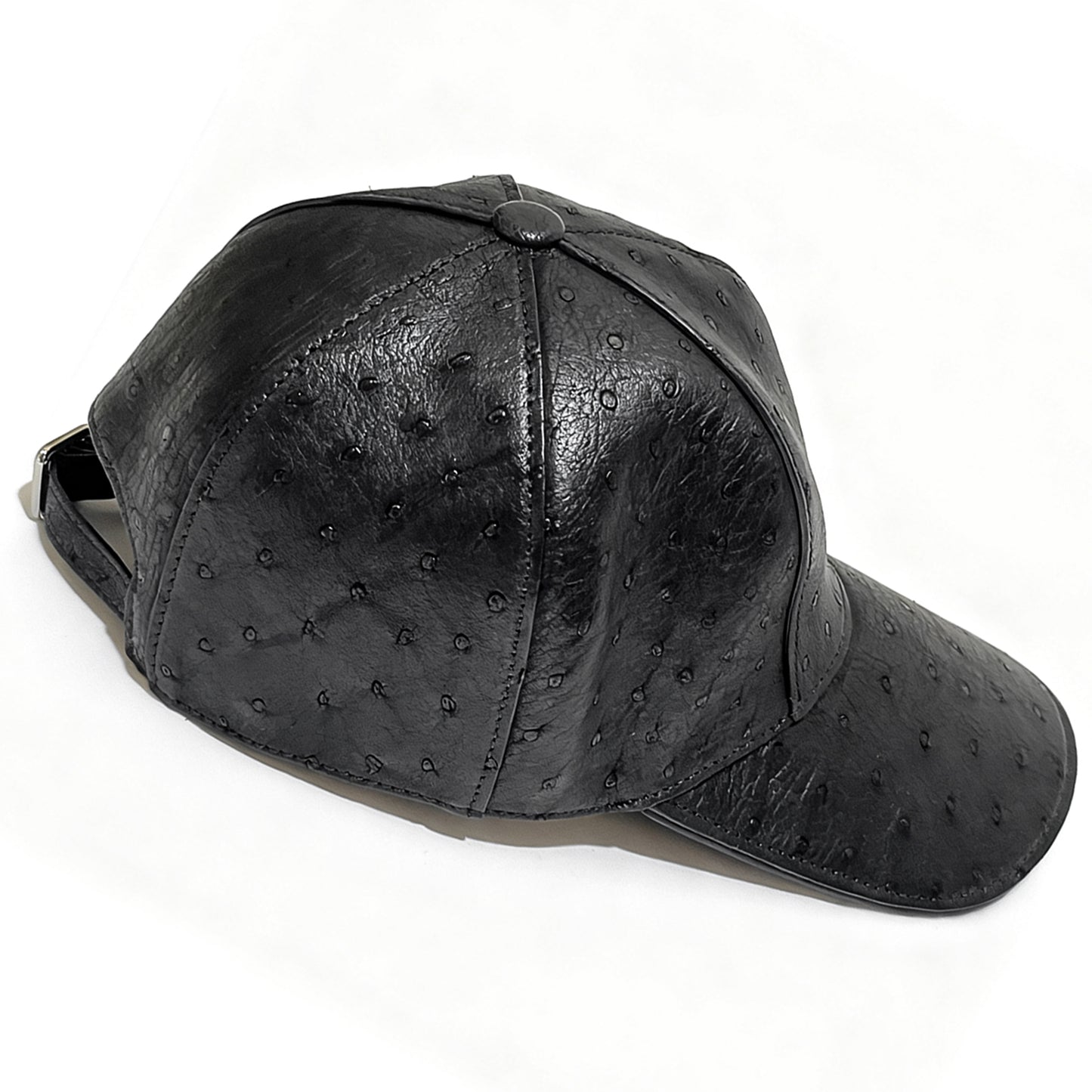 Handmade Genuine Ostrich Leather Cap, Glossy Black Adjustable Design