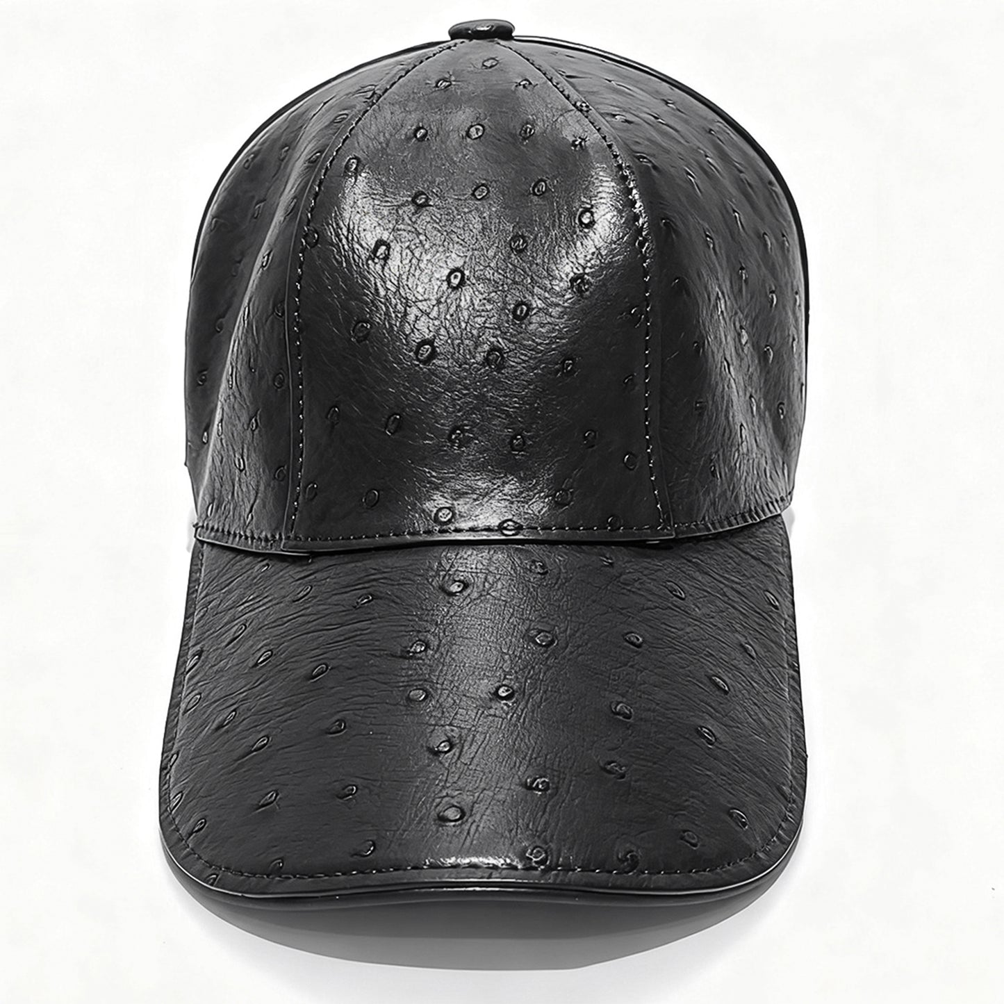 Handmade Genuine Ostrich Leather Cap, Glossy Black Adjustable Design