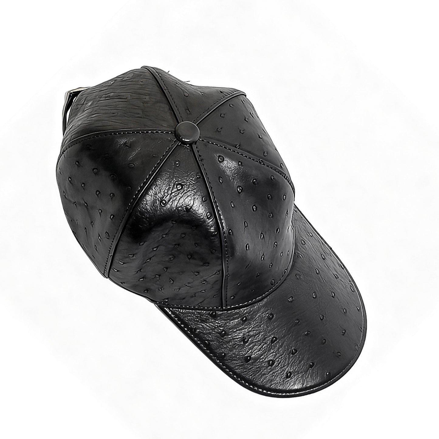 Handmade Genuine Ostrich Leather Cap, Glossy Black Adjustable Design