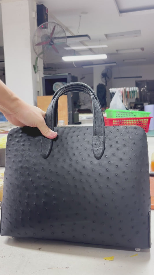 Handmade Genuine Ostrich Leather Briefcase, Matte Black with Silver Hardware & Top-Handle Design
