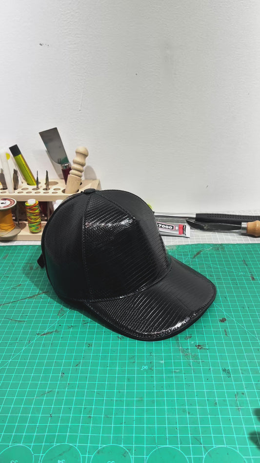 Handmade Genuine Lizard Leather Cap, Glossy Black Adjustable Design