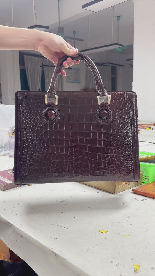 Handmade Genuine Alligator Leather Briefcase, Glossy Dark Brown with Gold Hardware & Dual-Carry Design