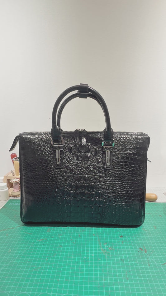 Handmade Genuine Alligator Leather Business Briefcase, Glossy Black with Spacious Work Design