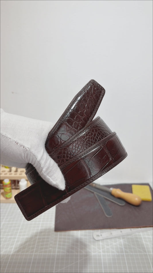 Handmade Genuine Alligator Belly Leather Pin Buckle Belt, Dark Brown High-Gloss Texture