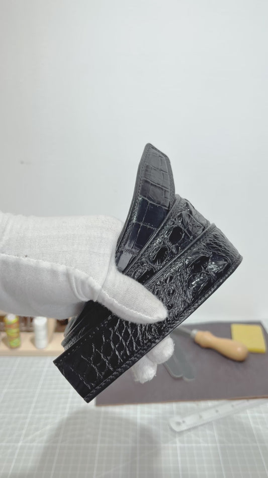 Handmade Genuine Alligator Horn Leather Ratchet Belt, Black High-Gloss Texture