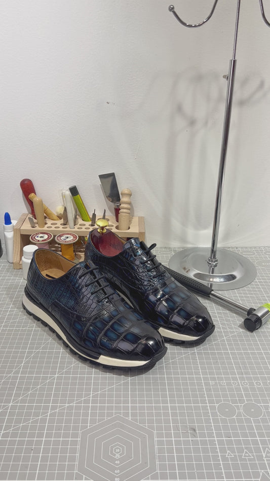 Handmade Genuine Alligator Leather Casual Sneakers, Gradient Blue – Luxe Sporty Style & Artisanal Craftsmanship Shoes