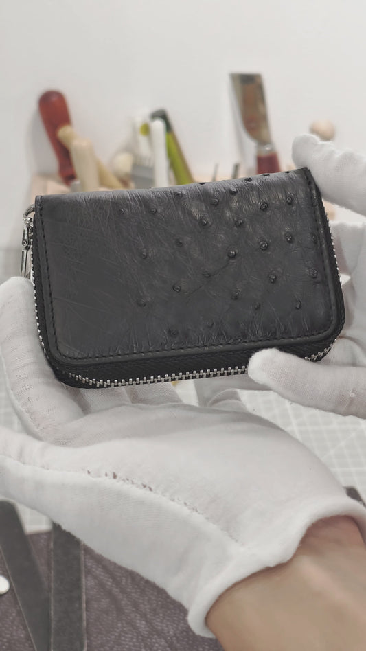 Handmade Genuine Ostrich Leather Card Wallet Case, Charcoal Black with Accordion Compartments