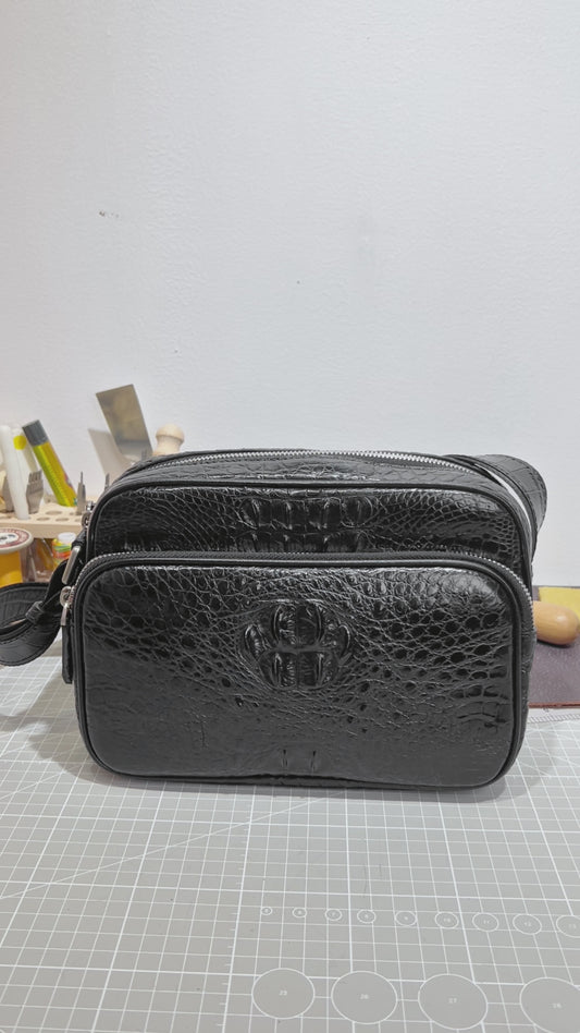 Handmade Genuine Alligator Leather Crossbody Bag, Glossy Black with Silver-Tone Hardware