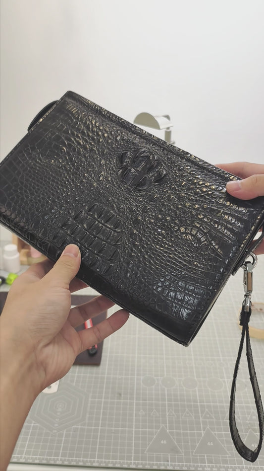 Handmade Genuine Alligator Clutch Bag, Glossy Black Purse with Lock And Wrist Strap