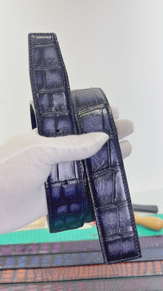 Handmade Genuine Alligator Leather Belt, Deep Purple-Black Gradient Texture Fit for Prong Buckle