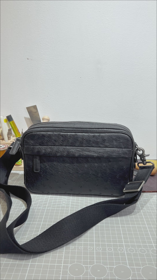 Handmade Genuine Ostrich Leather Crossbody Bag, Matte Black with Detachable Wrist Strap