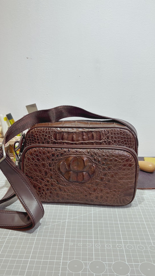 Handmade Genuine Alligator Leather Crossbody Bag, Rich Brown with Signature Scale Detail