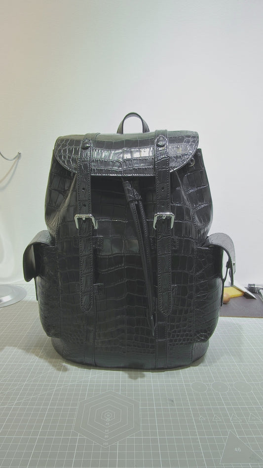 Handmade Genuine Alligator Leather Backpack, Glossy Black with Drawstring Closure