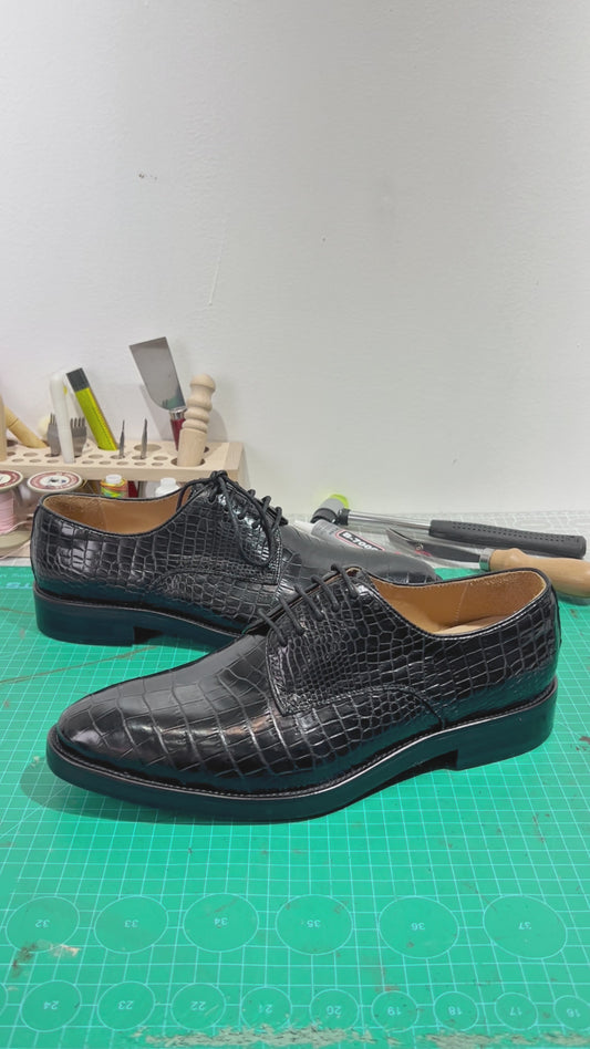 Handmade Alligator Leather Derby Shoes, Glossy Black Business Dress Shoes