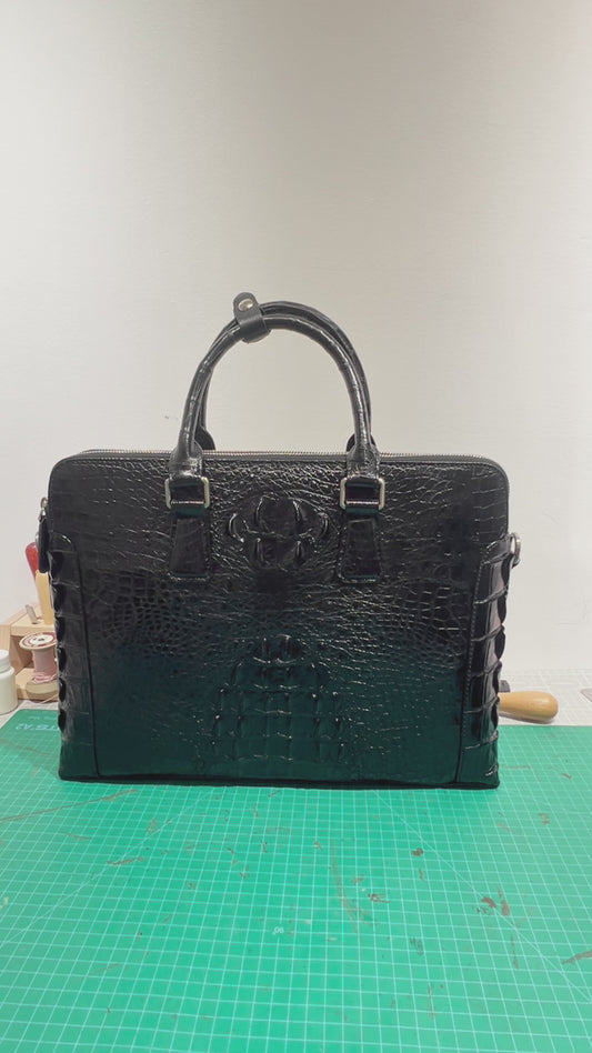 Handmade Genuine Alligator Leather Briefcase, Glossy Black with Versatile Business Design