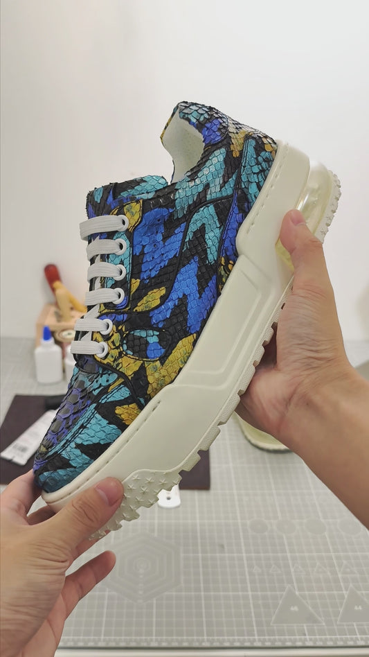 Handmade Genuine Python Leather Sneakers, Vibrant Painted Design with Air Cushion Sole