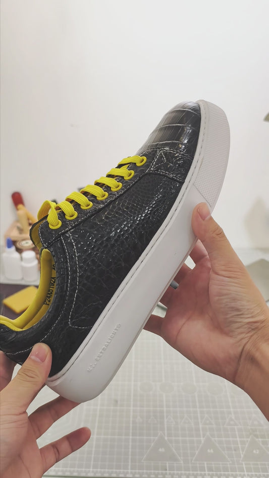 Handmade Genuine Alligator Belly Leather Sneakers, Glossy Black with Vibrant Yellow Accents & Italian-Brand Sole