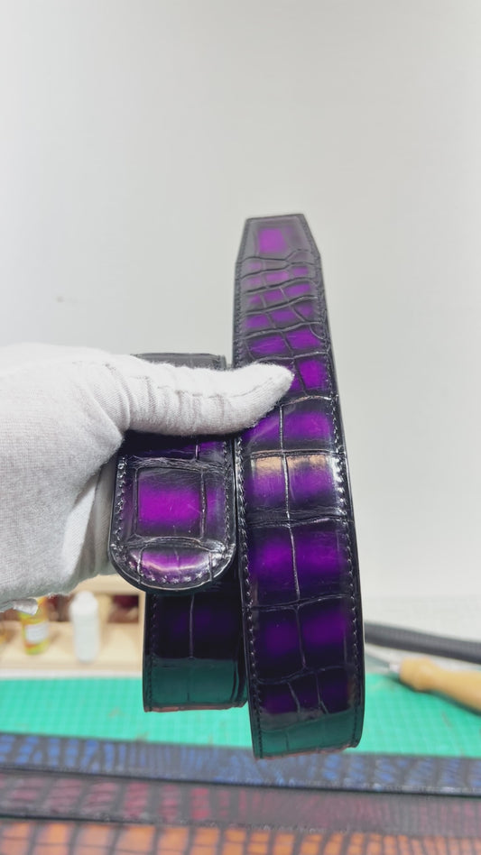 Handmade Genuine Alligator Leather Belt, Purple Glossy Gradient Texture Fit for Prong Buckle