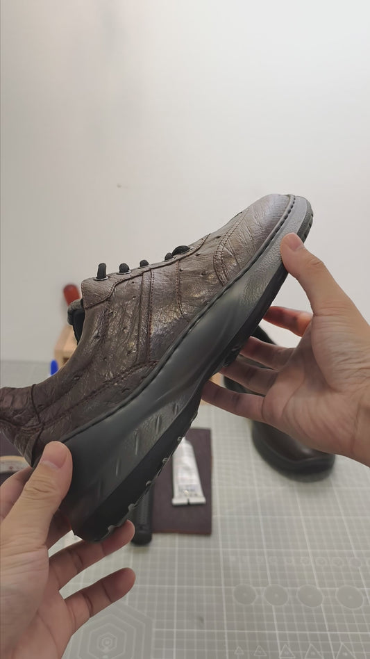 Handmade Genuine Ostrich Leather Sneakers, Rich Brown Luxe Design Shoes
