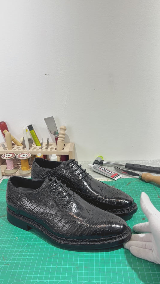 Handmade Alligator Leather Brogue Oxford Shoes, Black with Norwegian Sewing Craft & Genuine Leather Sole