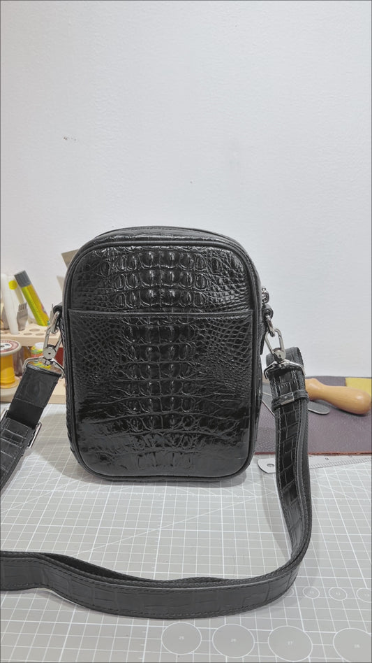 Handmade Genuine Alligator Bone Leather Crossbody Bag, Glossy Black with Distinctive Scale Texture