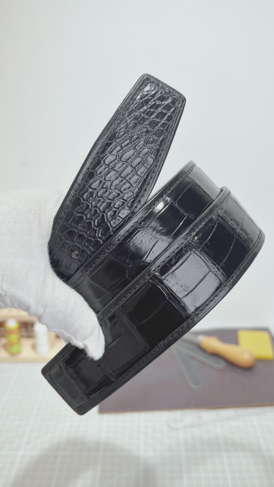 Handmade Genuine Alligator Leather Belt, Black Glossy With Natural Texture Fit for Prong Buckle